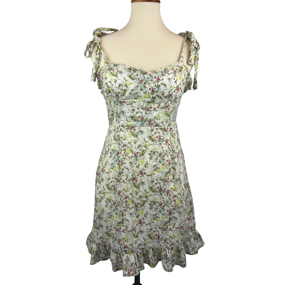 Floral Sleeveless Mini Dress Womens S Ruffled Hem Tie Shoulder Straps
